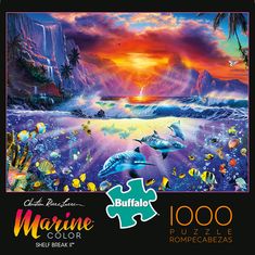 a puzzle with dolphins in the ocean and sunset behind it, which is part of a jigsaw puzzle