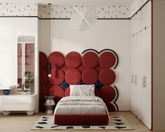 a bedroom with a red headboard on the wall and a white bed in front of it