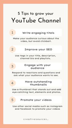 the 5 tips to grow your youtube video channel info sheet with text overlaying it