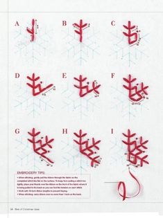 the instructions for how to make snowflakes are shown in red and blue ink