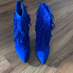 Steve Madden Never Worn Fringe Booties. 8.5 Blue Almond Toe Boots, Chic Blue Pointed Toe Boots, Spring Blue Booties, Blue Closed Toe Boots For Party, Blue Closed Toe Boots For Fall, Chic Blue Boots With Round Toe, Blue Closed Toe Party Boots, Blue Closed Toe Boots For Spring, Blue Ankle Boots For Party