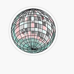 an abstract globe sticker with pink, blue and grey squares on it's surface