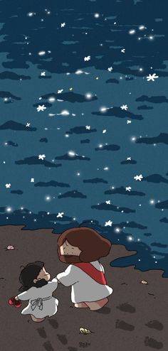 two children are playing on the beach at night with stars in the sky above them