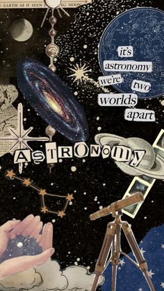 an artistic collage with stars, planets and astronomy related objects in the sky above them