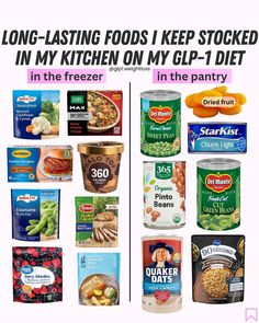 an advertisement for frozen food is shown with the words, long - losing foods i keep stocked in my kitchen on my gl - 1 diet