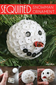 the snowman ornament is made out of buttons and plastic bottle caps, so it's easy to make