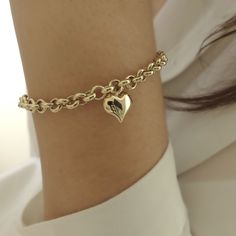 "\"Thick Rolo Chain, Heart Charm, 14k Gold Bracelet | Fine Jewelry in Love Puffy Heart Minimalist Bracelet for Everyday Use | Gift for Her\" P R O P E R T I E S The best finishing touch to every ensemble is our classic 14k gold rolo chain bracelet with a chic heart charm. It's stunning on its own, but it's also great with other bracelets for a more impressive look. This lovely charm bracelet is a timeless look that will be a go-to piece of your jewelry collection for decades to come. * Material: Double Heart Bracelet For Mother's Day, Dainty Heart Bracelet For Valentine's Day, Rose Gold Heart Chain Bracelet For Valentine's Day, Tarnish Resistant Charm Bracelet For Anniversary, Rose Gold Chain Bracelet With Heart Charm, Minimalist Chain Bracelet For Valentine's Day Gift, Minimalist Double Heart Bracelet For Valentine's Day, Minimalist Heart Beads Bracelet, Heart Charm Bracelet For Anniversary