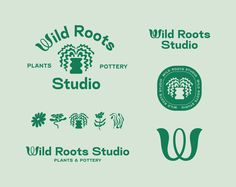 Wild Roots Studio logo featuring a stylized leaf and the name of the brand in green and purple logo set Community Garden Branding, Ceramic Logo Design Brand Identity, Plant Shop Branding Design, Plant Branding Design, Plant Nursery Branding, Organic Brand Identity, Pottery Brand Identity, Plant Store Branding, Plant Store Logo