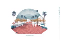 an image of people walking in the middle of a courtyard with palm trees and mountains