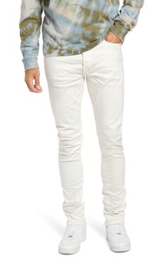 Crisp white Japanese-denim jeans are cut in a skinny fit with a hint of stretch that allows you to move freely and comfortably in these five-pocket jeans. 32 1/2" inseam; 13" leg opening; 10 1/2" front rise; 14" back rise (size 32) Zip fly with button closure Five-pocket style 98% cotton, 2% polyurethane Machine wash, line dry Made in Japan Men's Clothing White Stretch Jeans For Everyday, White Tapered Leg Jeans For Fall, Modern White Denim Pants, Classic White Slim Fit Jeans, White Tapered Leg Jeans, White Classic Slim Fit Jeans, White Casual Jeans With Standard Cut Leg, White Five-pocket Jeans For Fall, White Jeans With Five Pockets For Fall