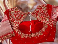 Red Saree With Red Blouse, Gold Zardosi Work Blouse, All Over Work Blouse Design, Short Hands Maggam Work, Red Colour Blouse Maggam Work, Maggam Work Blouse Designs Latest For Pattu Sarees, Thread Work Blouse Designs, Red Blouse Design