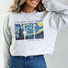 🎄 Holiday Shipping Reminder 🎄 Please note that orders placed after 12/11/24 can no longer be guaranteed for delivery by Christmas. We encourage you to place your orders early to ensure they arrive in time for the holidays! Thank you for shopping with us, and happy holidays! Starry Night, Wherever You Go: Channel your inner artist with this comfy Van Gogh sweatshirt. Featuring a vintage-inspired Starry Night grid design, it's the perfect gift for any art lover or a unique addition to your art t Artistic Crew Neck Sweatshirt With Letter Print, Van Gogh Sweater, Painted Sweatshirt, Paint Sweatshirt, Teacher Wardrobe, Starry Night Painting, Night Painting, Grid Design, Sweatshirt Vintage