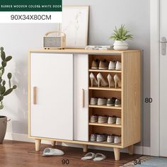 a shoe cabinet with two doors and shoes on the bottom shelf in front of it