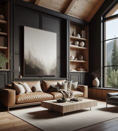 a living room filled with lots of furniture next to large windows and bookshelves