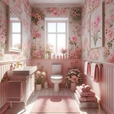 a bathroom decorated in pink and white with flowers on the wall next to the toilet