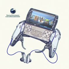 a drawing of a video game controller with headphones attached to the front and side