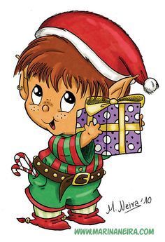 a drawing of a little boy holding a christmas present