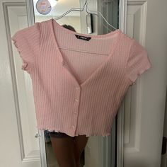 Baby Pink Waffle Crop Top Baby Button Up Crop Top Size Xs New Never Worn Fitted Waffle Knit Tops For Spring, Pink Knit Top With Buttons, Pink Knit Tops With Buttons, Wardrobe Build, Baby Crop Top, Suede Fringe Jacket, Bralette Crop Top, Blue Crop Tops, Pink Crop Top