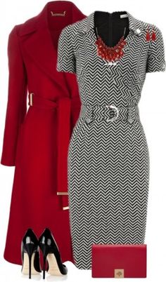 ❤Black and Gray Jersey Dress, Diane Von Furstenberg Red Tie Coat, Mulberry Handbag, Grey Jersey Dress, Red Coats, Red Purse, فستان سهرة, Red Coat, Business Attire, Work Attire, Hand Bags, Work Fashion