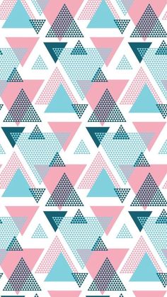 an abstract geometric pattern with blue, pink and white triangles