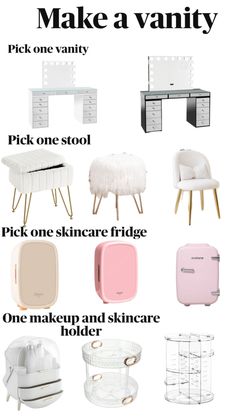 an advertisement with the words make a vanity and other items in white, pink, and black