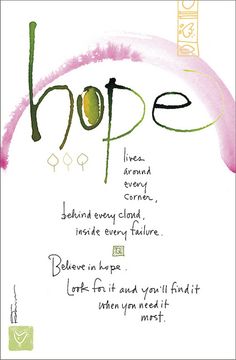 the words hope are written in green and pink on a white background with an abstract design