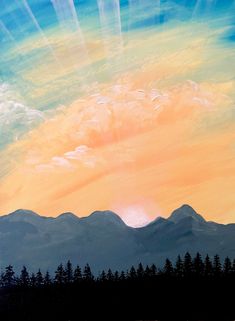 an oil painting of mountains and trees with the sun setting in the sky above them