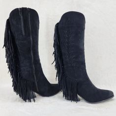 Brand New Faux Suede Back Fringe Details Composite Sole And Heel Full Inside Zipper With A 2nd Pant Tuck Zipper To Give Extra Inches At The Top Opening If Needed!! Top Opening 15" Approx (With Tuck Zipper Open 16" Approx) Measured On Size 7 Heel Height Approx. 3" Edgy Knee-high Boots With Zipper For Winter, Edgy Winter Knee-high Boots With Zipper Closure, Edgy Winter Knee-high Boots With Zipper, Western Black Knee-high Boots For Fall, Black Western Knee-high Boots For Fall, Black Mid-calf Boots With Zipper Closure For Party, Black Mid-calf Boots With Zipper For Party, Party Black Mid-calf Boots With Zipper Closure, Black Moto Boots With Zipper Closure For Winter