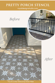 the before and after photos of a porch stencil with white stars on it