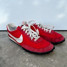 Red Nike Waffle Racers- Rare Color, Minimal Wear Men’s Size 8 Retro Lace-up Running Shoes For Errands, Retro Lace-up Running Shoes, Retro Nike Running Shoes, Red Low-top Running Shoes With Rubber Waffle Outsoles, Casual Red Running Shoes With Rubber Waffle Outsoles, Vintage Red Sneakers With Round Toe, Red Sneakers With Rubber Sole For Errands, Casual Red Sneakers For Running Errands, Red Low-top Running Shoes With Vibram Sole