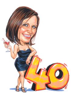 a caricature of a woman holding a glass of wine and the number forty