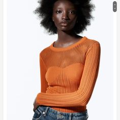 Crochet Knit Top Color Is A Deep Burnt-Orange, Very Pretty Unlined New With Tags, Never Worn Orange Knitted Top For Fall, Orange Textured Knit Top For Fall, Orange Stretch Long Sleeve Sweater, Orange Long Sleeve Stretch Sweater, Orange Knitted Long Sleeve Tops, Orange Knit Tops For Fall, Fitted Orange Knit Sweater, Orange Long Sleeve Knitted Tops, Fitted Knitted Orange Top