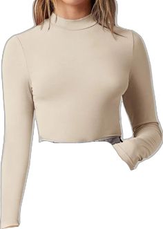 Fitted High Neck Cotton Top, High Neck Solid Tops With Thumbholes, High Neck Cotton Top For Layering, Beige Fitted Long Sleeve Crop Top, Beige Long Sleeve Cotton Crop Top, Beige Cotton Turtleneck Top, Beige Stretch Crew Neck Crop Top, Fitted Cotton Tops With Thumbholes, Fitted Cotton Top With Thumbholes