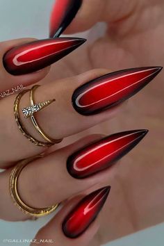 Long Stiletto Ombre Red and Black Nails for Year Round Red Stilletos Nails, Black Halloween Nails, Witchy Nails, Gothic Nails, Black Nail Designs