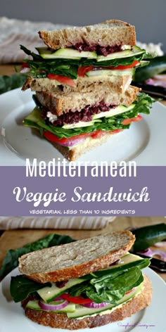 two sandwiches stacked on top of each other with the words mediterranean veggie sandwich