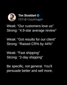 a text message from tim stoddart about customer satisfaction and the company's growth