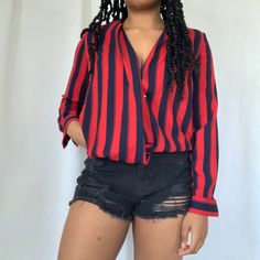 Brand New Urban Outfitters Striped Red And Dark Navy Blue Blouse. The Shirt Is Slightly Longer In The Back. This Has Never Been Worn But There Is A Slight Hole In One Of The Sleeves By The Cuff Of The Shirt But It’s An Easy Fix! Also There Was Supposed To Be A Button In The Middle Of The Blouse But It Came Off, But Again, An Easy Fix! Red V-neck Top From Urban Outfitters, Chic Long Sleeve Tops By Urban Outfitters, Chic Urban Outfitters V-neck Blouse, Chic V-neck Blouse By Urban Outfitters, Trendy Red V-neck Shirt, Urban Outfitters V-neck Blouse For Day Out, Urban Outfitters Long Sleeve Blouse For Day Out, Casual V-neck Blouse By Urban Outfitters, V-neck Blouse By Urban Outfitters For Day Out