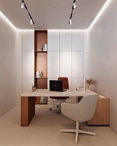 an office area with a desk, chair and book shelf in the corner on the wall