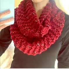 One Of A Kind Handmade Chunky Knit Red Infinity Scarf With Speckles Check Out My Reviews On Sold Scarfs, Every Customer Loves Them! Material Is Super Soft Not Scatchy At All! Rich Deep Red Merlot With Speckles. Handmade By My Wonderful Mom! Anthropology Free People Style 5 Rated Poshmark Ambassador Same/Next Day Shipping Free People Style, Deep Red, Handmade Accessories, Infinity Scarf, Chunky Knit, Crochet Scarf, Scarf Wrap, Knitted Scarf, Scarf Accessory