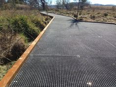 a metal grate on the side of a road near grass and trees with no leaves