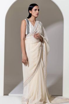 Ivory organza saree with sequin and bead embroidered border. Comes with an unstitched blouse piece. - Aza Fashions Sequin Saree, Embroidered Saree, Embroidered Border, Organza Saree, Color Textures, Blouse Piece, Aza Fashion, Textures Patterns, Custom Made