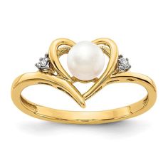 Birthstone Jewelry 14K Diamond & FW Cultured Pearl Ring Ring With Pearl, Cultured Pearl Ring, Diamond Heart Ring, Diamond Heart, Pearl Ring, Heart Ring, Size 7, Yellow Gold, Ring