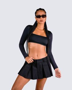 An all-black fit never disappoints 🖤 Featuring a black square neck top, paired with a black twill mini skirt - this look gives a subtle dominant vibe that will intimidate, yet entice them all 😝 Sleek Black Crop Top For Night Out, Trendy Black Mini Skirt For Evening, Trendy Black Mini Skirt For Date Night, Black Sleek Mini Skirt For Date Night, Sleek Black Mini Skirt For Date Night, Black Edgy Mini Skirt For Evening, Edgy Black Mini Skirt For Evening, Square Neck Top, Cargo Pant