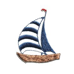 a sailboat with blue and white stripes on it's sails is embroidered onto the back of a t - shirt