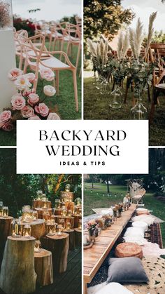 the back yard is decorated with pink flowers, candles and wooden tables for an outdoor wedding