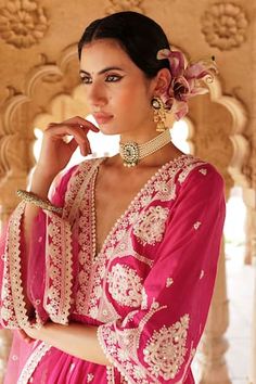 Hot pink peplum style kurta with thread embroidered floral patterns, embellished by mirrorwork. Comes with matching sharara and dupatta. - Aza Fashions Kurta And Sharara, Pink Thread, Women Kurta, Floral Set, Floral Peplum, Peplum Styles, Sharara Set, Set For Women, Aza Fashion