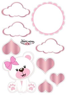 some pink paper cut outs with hearts and clouds in the shape of teddy bear's head