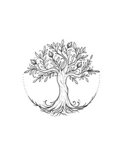 a drawing of a tree with leaves in the shape of a circle on a white background