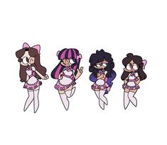 three cartoon girls with different outfits and hair