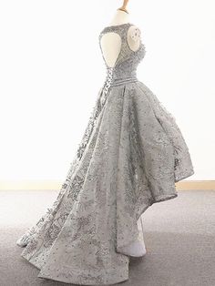 Silhouette:?A Line Waist: Natural Sleeve Length: Sleeveless Fabric:?Lace Shown Color:?Gray Built-In Bra: Yes Prom Dresses Grey, Customized Dresses, High Low Prom Dress, High Low Prom Dresses, Make Your Own Dress, Prom Dresses Lace, Formal Looks, Custom Dresses, Dress And Heels